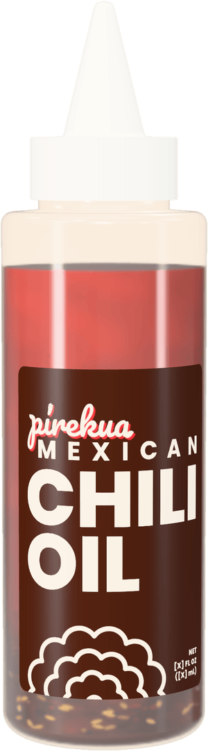 A squeeze bottle of pirekua Mexican Chili Oil with a deep brown label